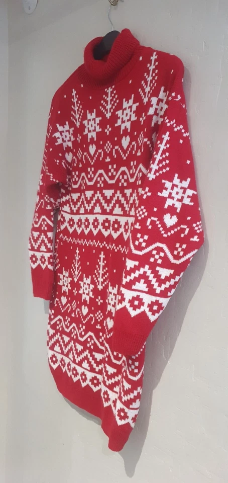 PRETTY BOOHOO RED WHITE FAIRISLE KNITTED CHRISTMAS JUMPER DRESS SIZE 16 18 - Image 2 of 4