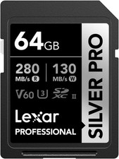 Lexar Silver Pro SD Card 64GB, UHS-II Memory Card, V60, U3, C10, SDXC 64GB 