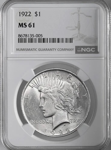 1922-P  $1 PEACE SILVER DOLLAR  "PHILADELPHIA MINT"  NGC MS61 #8678135-005