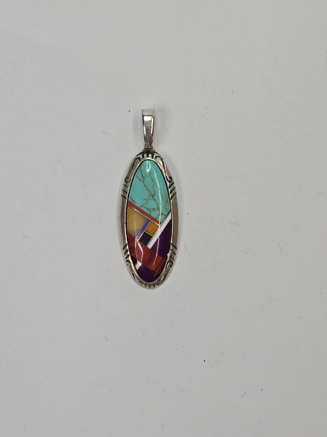 Sterling Silver Multi-Gemstone Inlay Pendant Sign… - image 1