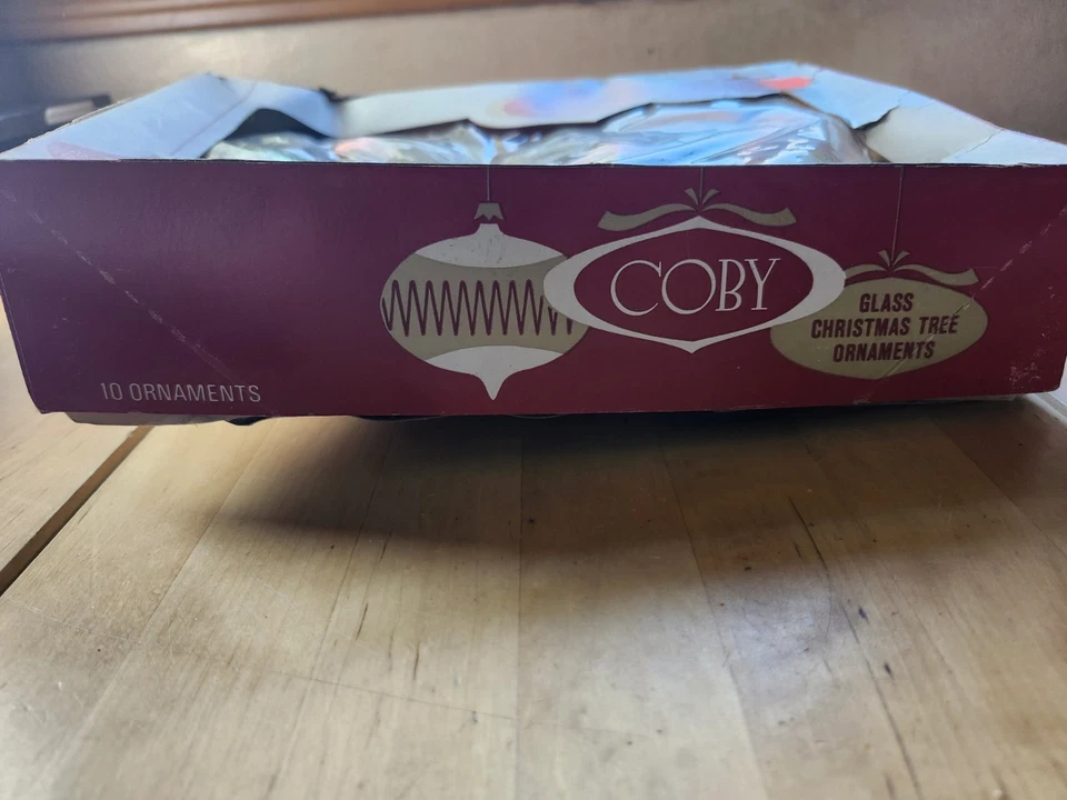 Caja Coby Vintage 10 Adornos Navideños Redondos Estampados Vidrio Mercurio, Hechos en EE. UU. Foto 2 de 4