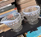Vintage Anchor Hocking Hobnail Opalescent Moonstone Sugar & Creamer 3”