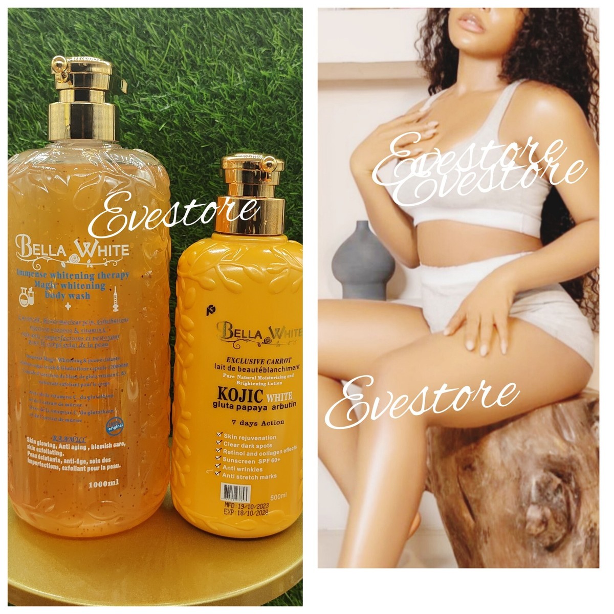 Gel Douche Éclaircissant Bella White - 1L, Hydratant, Naturel, GLUTATHIONE (Neuf)