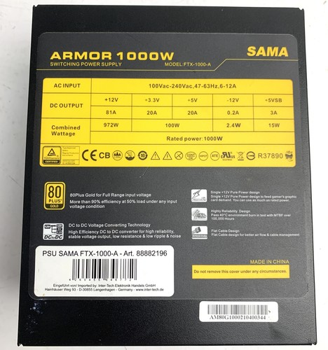 Inter-Tech Sama Armor FTX-1000-A - 1000W ATX Zasilacz/zasilacz - Bez kabla - Zdjęcie 3 z 4