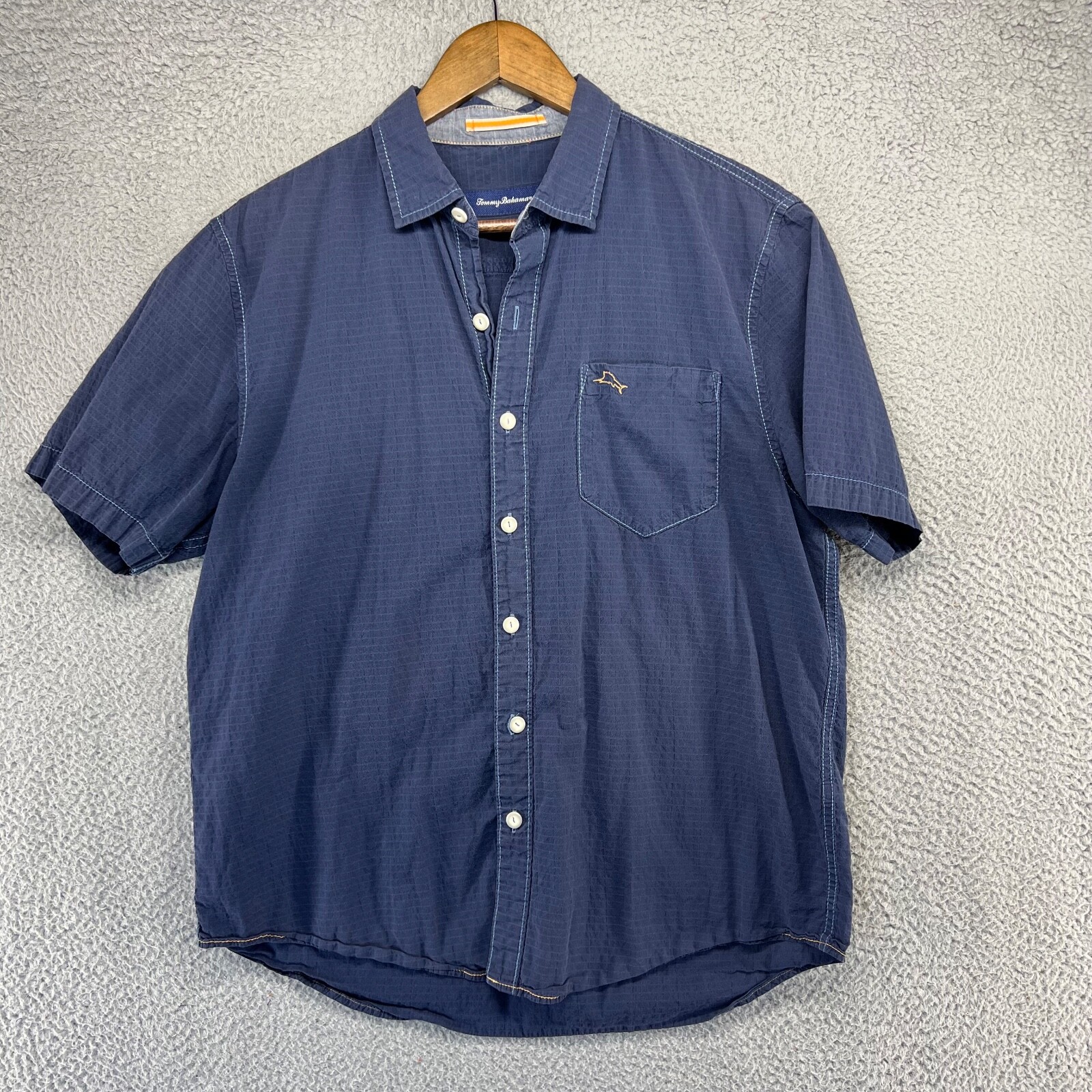 Tommy Bahama Shirt Men's Medium Blue Cotton Spandex Pocket Swordfish