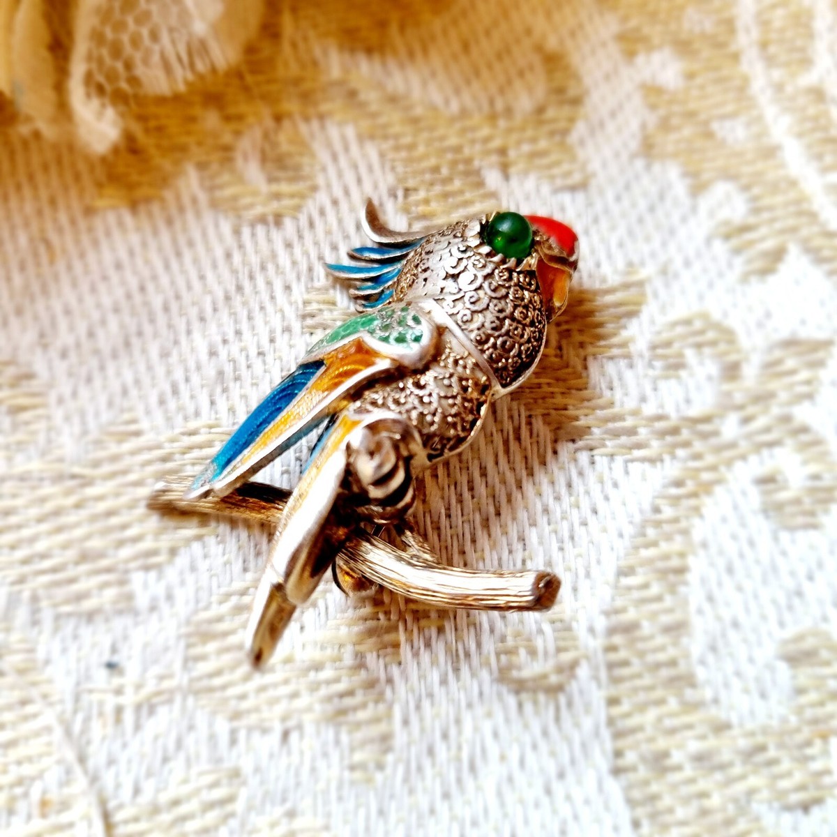 Broche Perroquet Vintage - Vermeil Or Sur Argent 835 - Émaux Polychromes - 43x32mm - Occasion