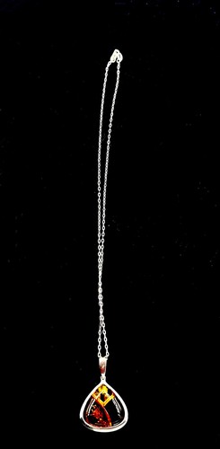 PZ PolandThree Amber Rounded Triangle Pendant .925 Sterling Silver 18” Necklace - Picture 2 of 9