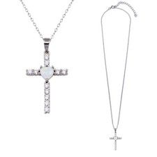 Sterling Silver Necklace w/ Opal  CZ Stones Cross Pendant