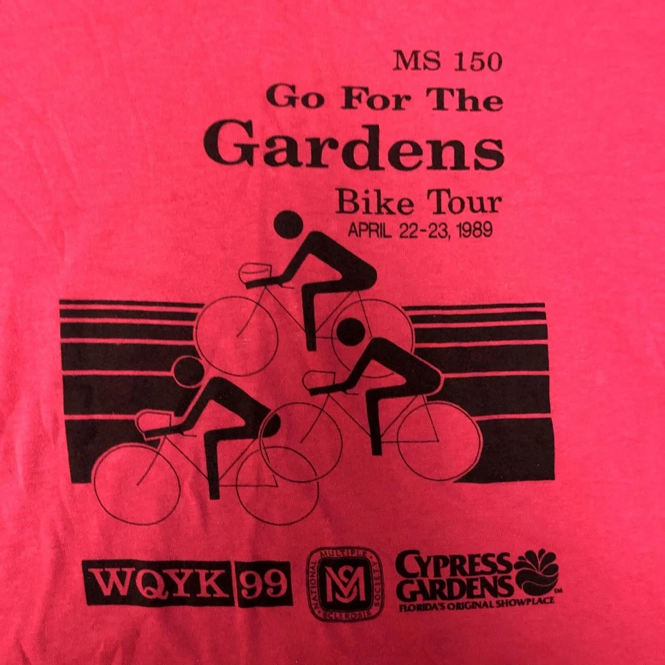 Vtg 80's Russell 1989 MS 150 BIKE Tour Cycling RIDIER Hot PINK 50/50 T Shirt USA - Image 3 of 4
