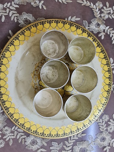 Vintage Style Set of 6 Islamic Cups Engraved Rare Copper Silver Plated - Picture 14 of 16