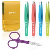 4Pcs Precision Tweezers  Pair of Scissor w/Leather Case, Multi-Color