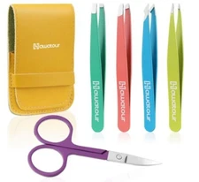 4Pcs Precision Tweezers + Pair of Scissor w/Leather Case, Multi-Color