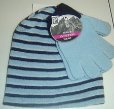 2 PC Set Knit HAT  GLOVES Blue-Green BLACK CAP WINTER Beanie Girl SZ 4 - 6