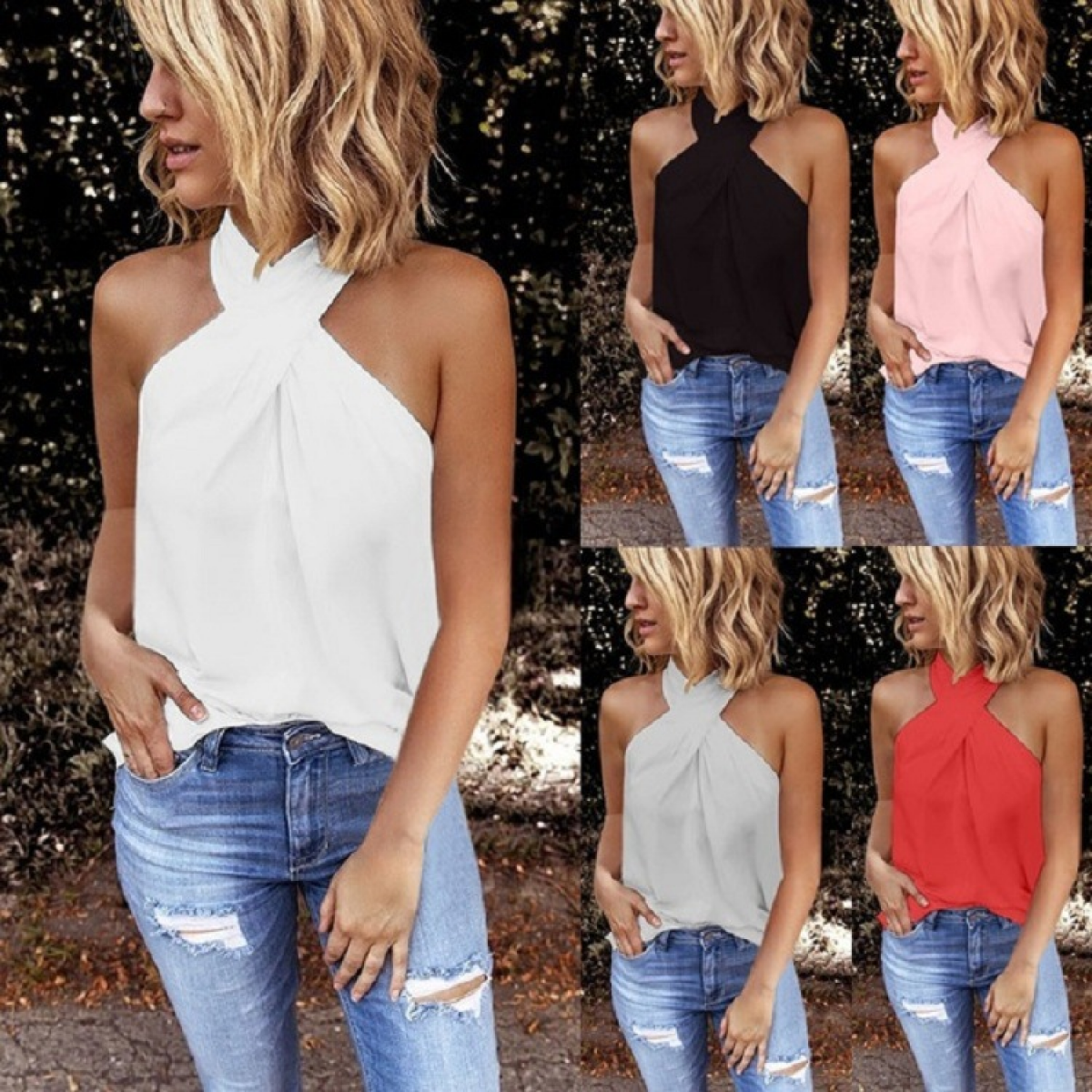 Women's Fit Back Zipper Hanging Neck Solid Color Sleeveless Stitching Top