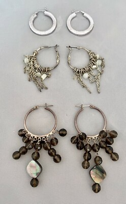 #ad Lot of 3: Silver Hoop Earrings Dangling Chain Beaded Accent Snap 1.25 3.25quot; L $16.99