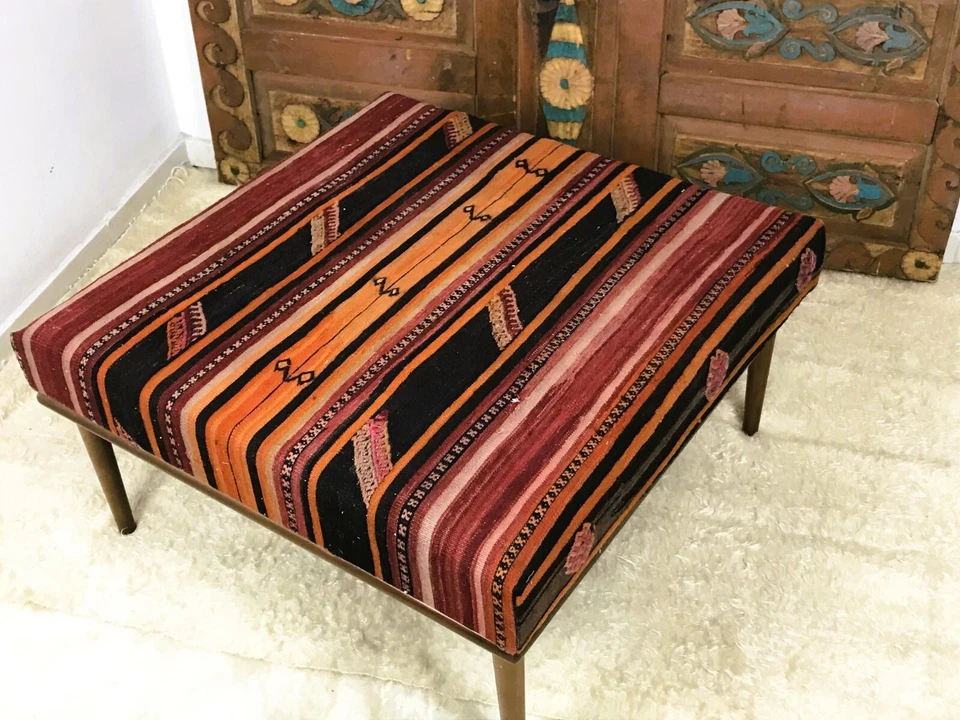 Mesa de centro otomana Kilim hecha a mano mesa de té mesa media banco tapizado 36x36 Foto 4 de 4