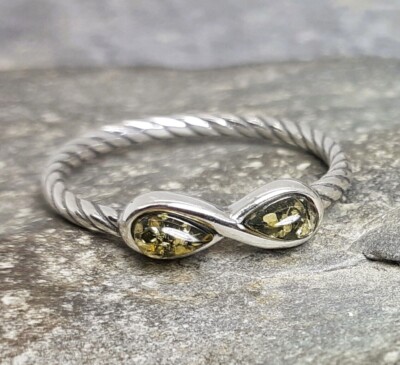 925 Silver Green BALTIC AMBER Infinity Ring Sz O-7 R657~Silverwave*uk Jewellery