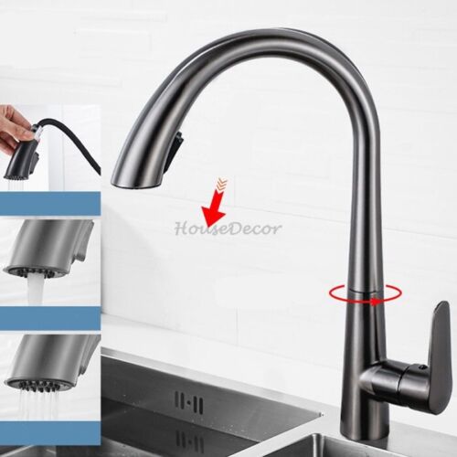 Kitchen Pull Out Spray Mixer Taps Monobloc Single Lever Swivel Spout Sink Faucet - Picture 10 of 11