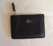 Coach Mini Skinny Black Cross-grained Leather ID Case Card Holder with Key Ring