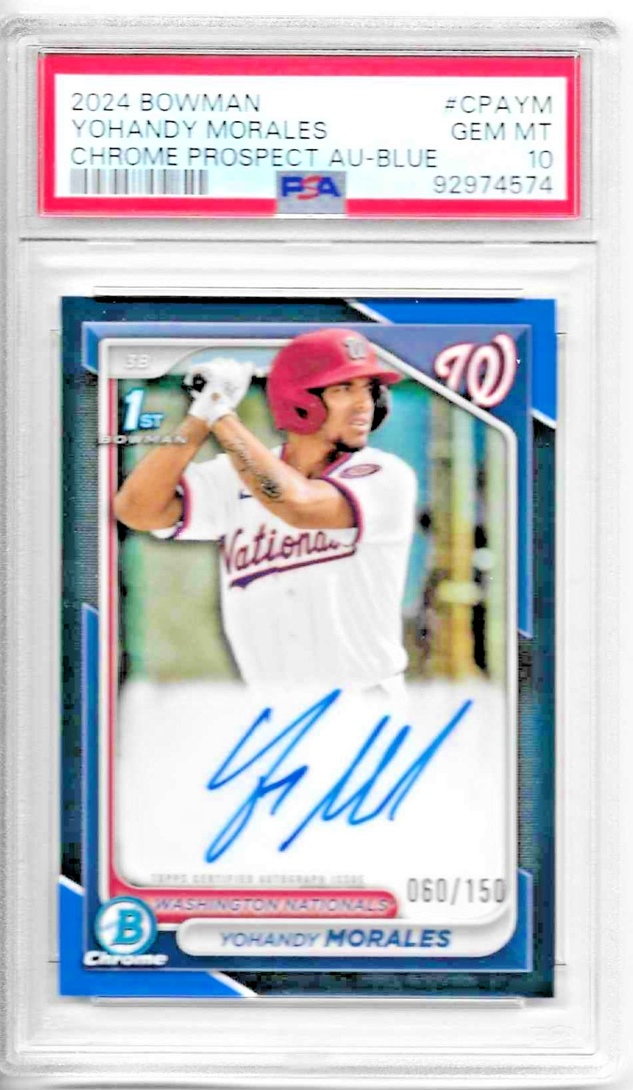 2024 BOWMAN CHROME YOHANDY MORALES TRUE BLUE REFRACTOR AUTO 1ST RC /150 PSA 10