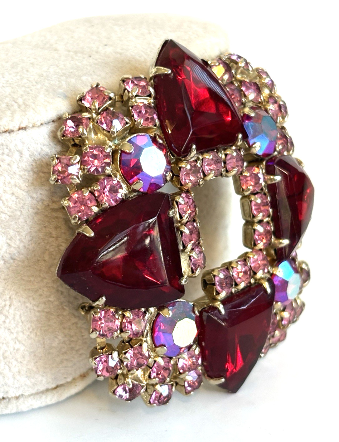 Ruby red shield shape rhinestone and pink prong s… - image 5