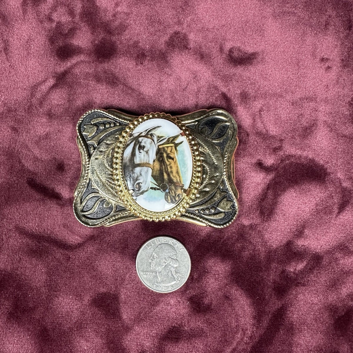 Vintage Child Size Western Belt Buckle Horses Silver Gold 