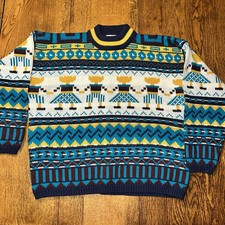Vtg 80s Nordic Chunky Ski Sweater Mens Scandinavian Folk Novelty Fair Isle Large
