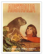 Australia - Koala Bears - Pan American - Vintage Airline Travel Poster c.1960