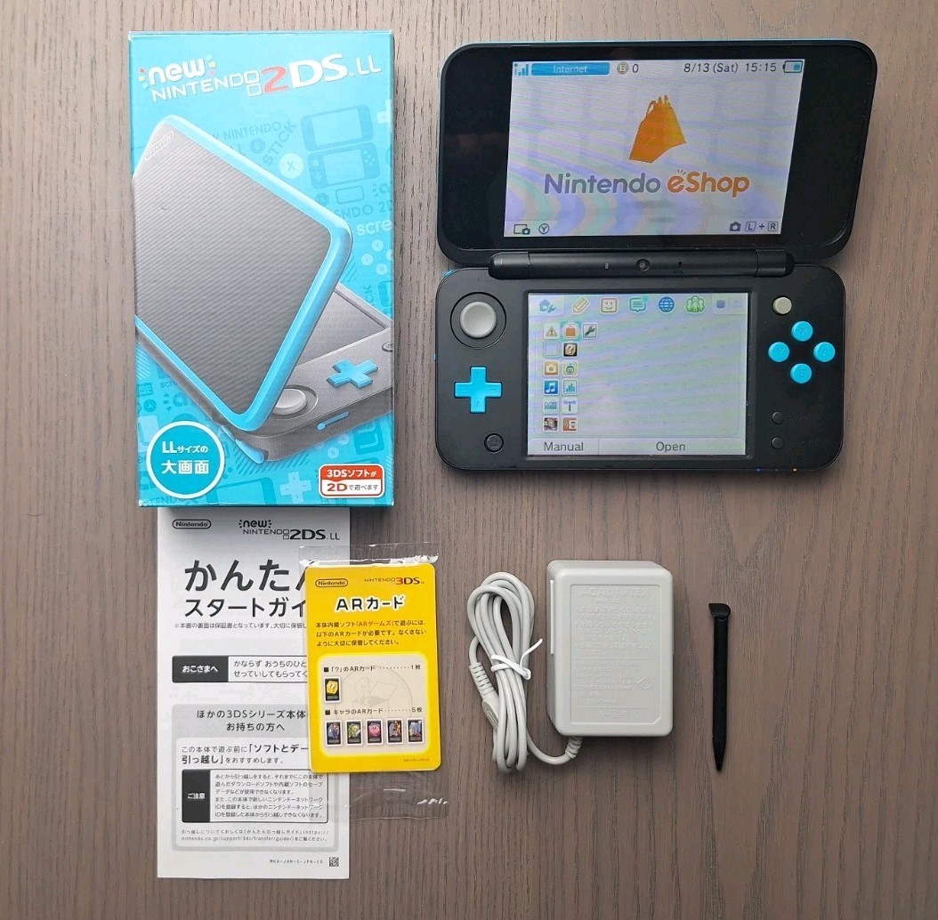 New Nintendo 2DS XL Black Turquoise | Charger + 32GB SD Card