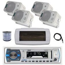 Pyle Bluetooth Marine Receiver, Cover, Antenna,Wire, 4x 5.25" 400W White Speaker