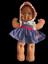 Vintage 1989 Mattel Magic Nursery Baby Doll African American Blue Dress & Bonnet