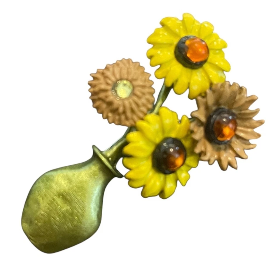 Enamel Flower Bouquet Brooch Pin Green Vase Yellow Brown Sunflowers Rhinestone - Image 3 of 4