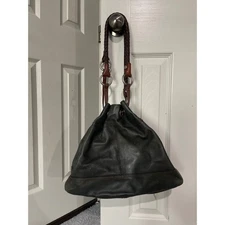 Fossil Distressed Leather Drawstring Bucket Bag Dark Green Braided Strap