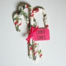 Primitive Fabric Wrapped Christmas Candy Canes with Tag, Holiday Decor