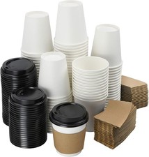 200 Pack 8 oz White Paper Disposable Coffee Cups W/ Lids  Sleeves Hot Cold