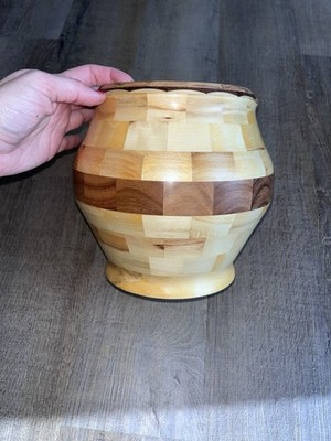 Hand turned segmented wooden vase multi tone brown Home Decor