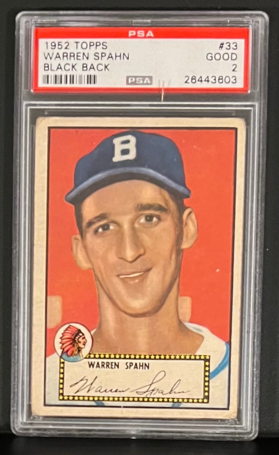 1952 Topps Warren Spahn Black Back #33 PSA2