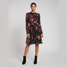 Dolce Gabbana Black Tulip Print Stretch Silk Flared Mini Dress S