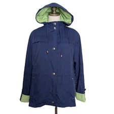 Mackintosh New England Rain Jacket Size L Navy Blue with a Green Lining Hooded