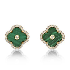 Flower Stud Earrings for Women Elegant Clover Green Malachite Yellow Gold Plated