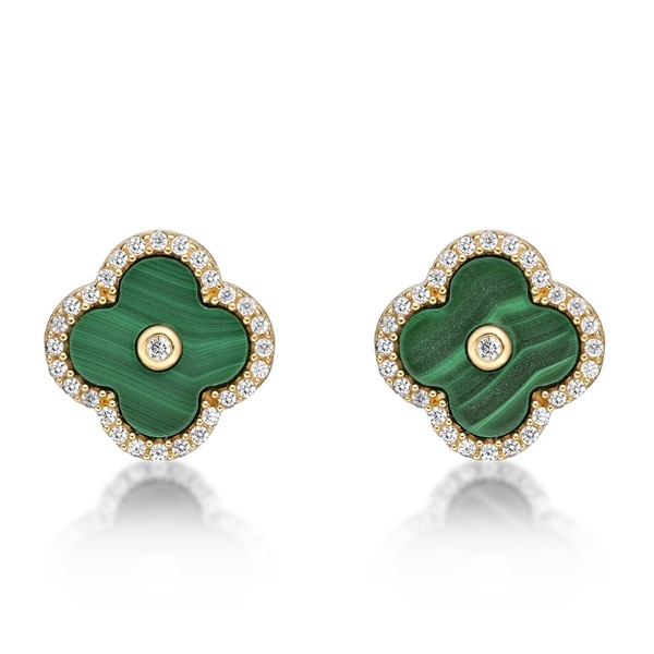 Alternate view of Flower Stud Earrings For Women Elegant Clover Green Malachite Yellow Gold Plated