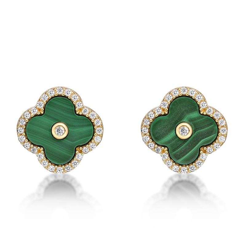 Flower Stud Earrings For Women Elegant Clover Green Malachite Yellow Gold Plated - Product main view