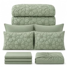 7 Piece Comforter Set, Pintuck Bedding Set with Sheets Floral King Green