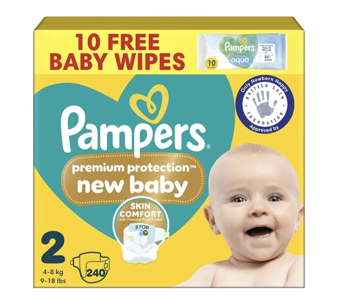 Pampers Premium Protection Baby Size 2, 240 Nappies, 4kg-8kg FREE UK DELIVERY