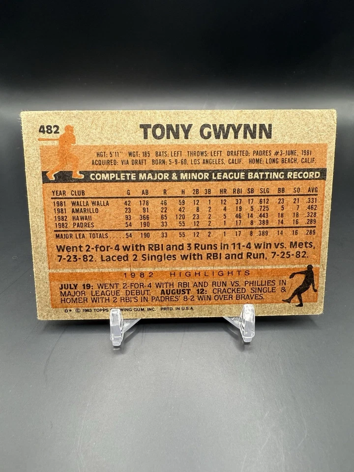 Tarjeta de novato Topps Tony Gwynn RC 1983 #482 Padres Foto 2 de 2