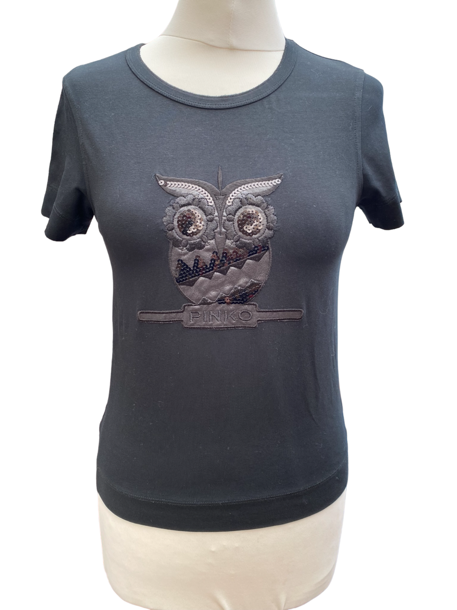 Pinko Skin T Shirt Tight Fit Slim Fit Black Owl Logo Top