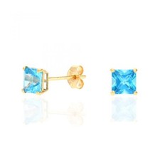 14k Yellow Gold Princess BlueTopaz Birthstone Square Stud Push Back Earrings 4mm