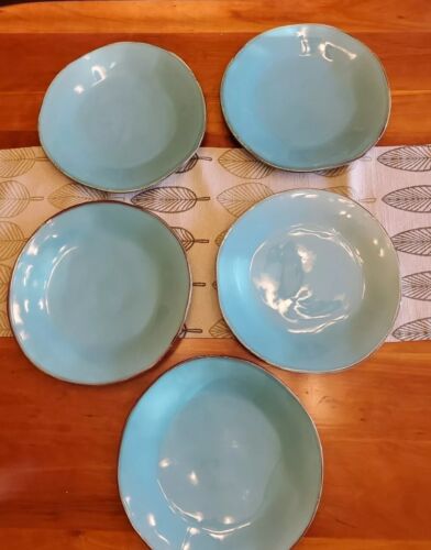 Majoliche Jessica Made In Italy Plate Set Of 5, Aqua Blue Brown Rim Discontinued - Picture 1 of 5
