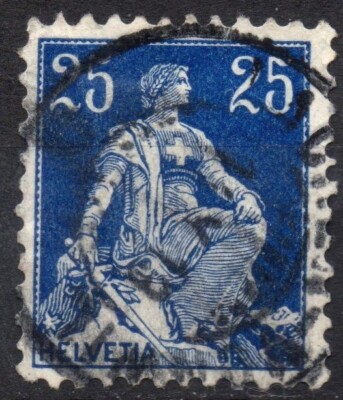 SWITZERLAND 1908 - Used 25c. blue helvetia with the sword #SVY