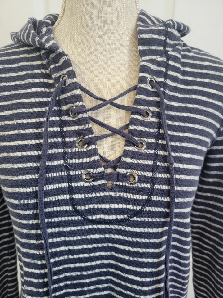 Camisa con Capucha Max Edition Azul Rayas Talla S Algodón Puro Terry Corbata Frontal Top Usada en Excelente Condición Foto 3 de 4